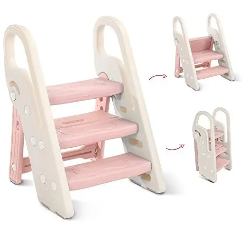 Produktbild: Onasti Tritthocker für Kinder, 2 Stufen - 3 Stufen Höhenverstellbar Kinderschemel, Trittschemel für Baby, Lernturm mit Handhaben, Faltbar, Multifunktional, für Bad, Kleinkinderzimmer, Küche (Grau)