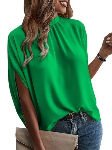 Produktbild: ONAYEYO Damen Elegant Bluse Casual Lose Tunika Shirt Hinten Schnüren Verspotten Nacken Dolman-Ärmel Oberteil T Shirt Sommer Einfarbig Top (XL, Grün)