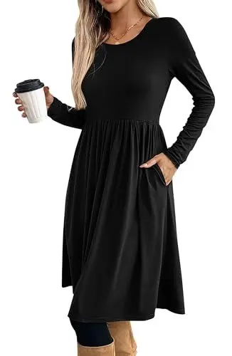 Produktbild: ONAYEYO Damen Herbst Elegant Rundkragen Langarm Knielang Kleid Casual Lose Tunika Kleider Empire-Taille Abendkleid Einfarbig Basic Freizeitkleid Blusenkleid mit Taschen (S, Schwarz)