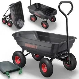 Produktbild: ONBEST Transportwagen mit Kippfunktion – Gartenwagen für 300 kg Zuladung – große 75 Liter Wanne aus Kunststoff – Bollerwagen – Dumper – Gartenkarre – Lastenwagen – schwarz – Plus Gartenabfallsack