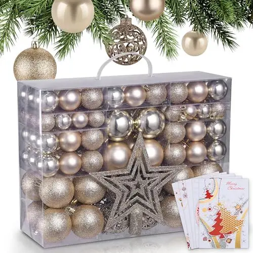 Produktbild: ONBEST Weihnachtskugeln 128-teiliges Set – 1x Baumspitze Glitzer Stern & 127x Kugel – mit Verpackung – Weihnachtsschmuck Deko für Drinnen & Draußen aus Kunststoff – Plus 5X Karte (Champagner)
