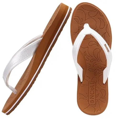 Produktbild: ONCAI Damen Zehentrenner Sommer Sport Flip Flops Schwimmbad Strand Plattform Sandalen Badelatschen Gummifußbett Khaki & Weiß Größe 39
