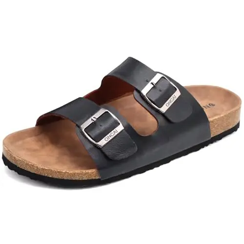 Produktbild: ONCAI Herren-Hausschuhe-Pantoletten-Schlappen-Sommerschuhe Flache Sandalen schieben und Sommer Drinnen und Draußen Kork-Sandalen Mit Verstellbarer Rieme Schwarz EU Größe 44