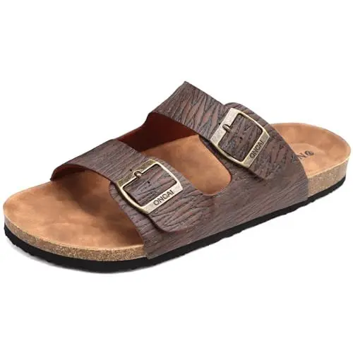 Produktbild: ONCAI Pantoletten Herren,Kork Hausschuhe Flache Sommerstrand Schlappen Drinnen und Draußen Sandalen Mit Verstellbarer Rieme Holzmaserung Braun EU 43.5