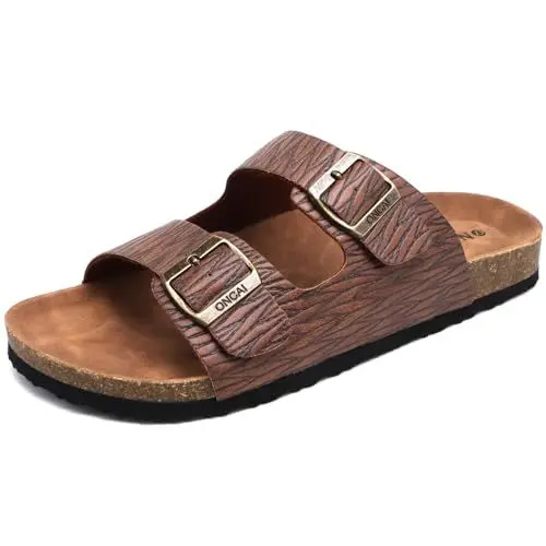 Produktbild: ONCAI Pantoletten Herren,Kork Hausschuhe Flache Sommerstrand Schlappen Drinnen und Draußen Sandalen Mit Verstellbarer Rieme Holzmaserung Khaki EU 44.5