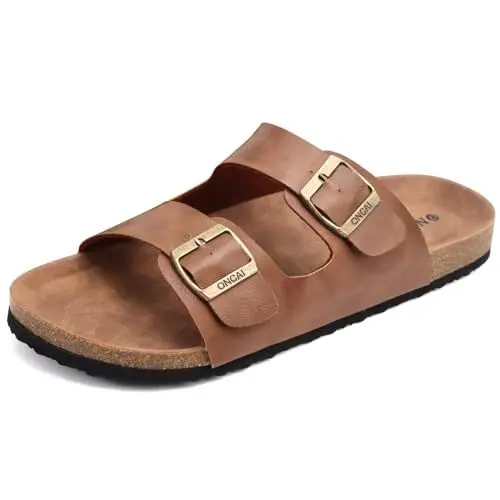 Produktbild: ONCAI Herren-Arizona-Hausschuhe-Pantoletten-Schlappen-Sommerschuhe Flache Sandalen schieben und Sommer Drinnen und Draußen Kork-Sandalen Mit Verstellbarer Rieme Khaki EU Größe 43