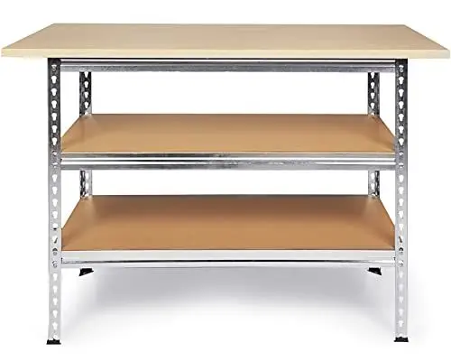 Produktbild: Ondis24 Werkbank Uwe 120cm Metallregal und Werktisch mit höhenverstellbaren Einlegeböden Packtisch verzinkt 92cm Arbeitshöhe mit Buchenarbeitsplatte (Melamin)