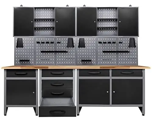 Produktbild: Ondis24 Werkstatteinrichtung 6 teilig grau schwarz Werkbank Werkzeugschrank Lochwand Werkstattausrüstung 240 cm