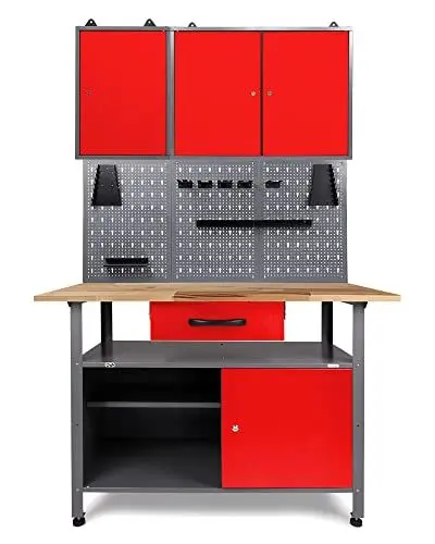 Produktbild: Ondis24 Werkstatteinrichtung Klaus, Metall, 2 Werkstattschränke, Lochwand, Hakensortiment (Arbeitshöhe 85 cm, Rot)