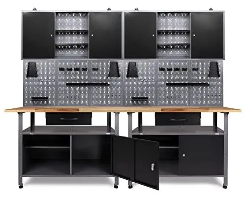 Produktbild: Ondis24 Werkstatteinrichtung Werkstatt Set Werkbank Klaus 240 cm Hängeschrank (Arbeitshöhe 85 cm, Schwarz)
