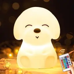 Produktbild: One Fire Nachtlicht Kinder, Kawaii 16 Farben Nachtlicht Baby, Fernbedienung Stilllicht Dimmbar Nachttischlampe Kinder,1200mAh Akku Lampe&Timing Kinder Nachtlicht,Silikon Hund Kinder Spielzeug Geschenk