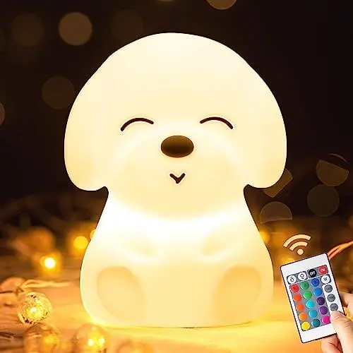 Produktbild: One Fire Nachtlicht Kinder, Kawaii 16 Farben Nachtlicht Baby, Fernbedienung Stilllicht Dimmbar Nachttischlampe Kinder,1200mAh Akku Lampe&Timing Kinder Nachtlicht,Silikon Hund Kinder Spielzeug Geschenk