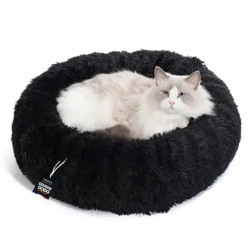 Produktbild: One PETS-TOP® Katzenbett (mit waschbarem Bezug) - Hundebett, Hundekissen kleine Hunde, Hundekorb, Hundekörbchen, Cat Bed, Langer Plüsch, 50 cm Durchmesser Schwarz