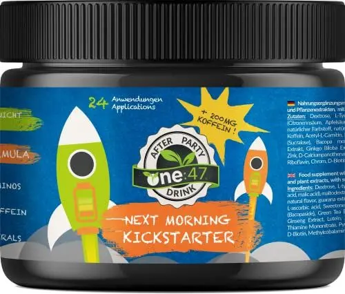 Produktbild: one:47® After Party KICKSTARTER | 24 Portionen | Smart Energy am Morgen | Mit komplexen Koffein, Pflanzenextrakten, Vitaminen & Mineralstoffen | Feel good naturally | Rehydration & Fitter sein