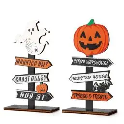 Produktbild: ONEBOOM 2 PCS Halloween Tischdeko,Halloween Holz Mittelstück Schilder,Halloween Kürbis and Geistern Ornamente,Halloween Holzornament für Halloween Party/Küche/Büro/Bar