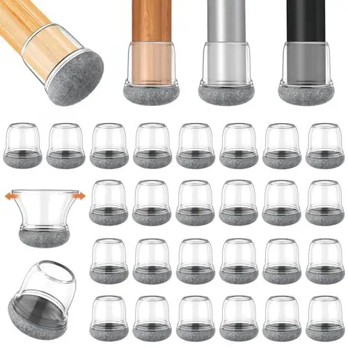 Produktbild: ONEBOOM 32 Stück Stuhlbeinkappen Rund,Klein Schutzkappen für Stuhlbeine,Transparente Stuhlbeinschoner mit Filz,Filzgleiter, Stuhlbeinkappen Schräge Stuhlbeine für Hartholzböden,Laminat (12-20mm)