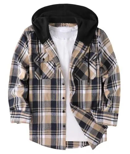 Produktbild: Onedog Herren Kariert Freizeithemd Mit Kapuze - Langarm Button Down Jagdhemd Mit Zwei Brusttaschen (Beige Blau M)