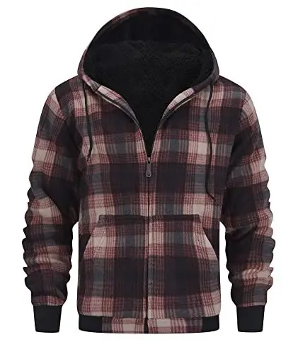 Produktbild: onedog Kariertes Fleecejacke Herren Hoodie kapuzenpullover für herren Full Zip Sherpa Fleece kapuzenjacke herren winterjacke Fleece Jacke outdoor Freizeitjacke für doppelte Wärmeschicht(Braun-M)