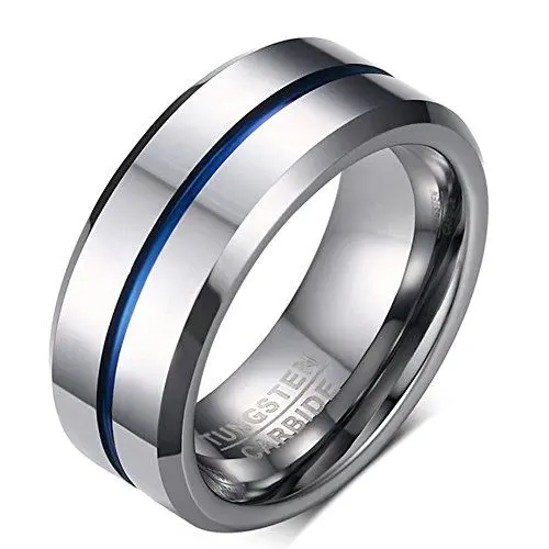 Produktbild: Onefeart Wolfram Ring Herren Silber und Blau Middle Nutform Ring Hochglanzpoliert 8MM Blau Silber 60 (19.1)
