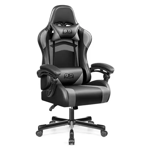 Produktbild: OneGame Ergonomischer Gaming Stuhl, hoher Rücken Computer Gamer Stuhl, höhenverstellbarer Game Stuhl, Racing Style Gaming Bürostuhl mit Kopfstütze und Lendenwirbelstütze, Schwarzgrau