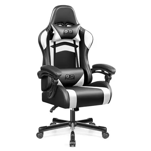 Produktbild: OneGame Ergonomischer Gaming Stuhl, hoher Rücken Computer Gamer Stuhl, höhenverstellbarer Game Stuhl, Racing Style Gaming Bürostuhl mit Kopfstütze und Lendenwirbelstütze, Schwarzweiß