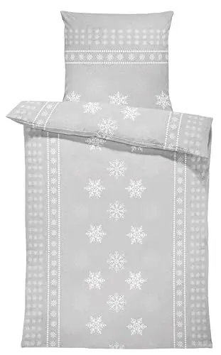 Produktbild: one-home Winter Biber Bettwäsche Baumwolle Kuschelig Flauschig Warm Weich Bettbezüge Modern, Größe:2 teilig 135x200 cm, Farbe:Kristalle Schneeflocken grau