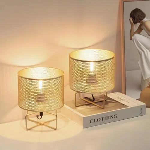 Produktbild: ONEWISH Kleine Tischlampe 2packs,Metall-Nachttischlampe für Schlafzimmer oder Wohnzimmer,Gold