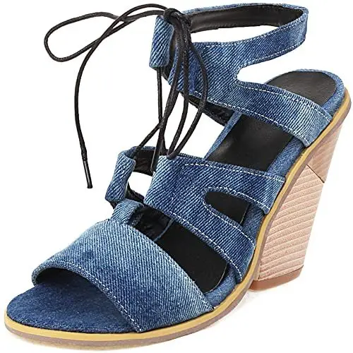 Produktbild: Smilice Damen Keilabsatz Sandalen mit Offener Spitze und Schnürung (Blau,36)