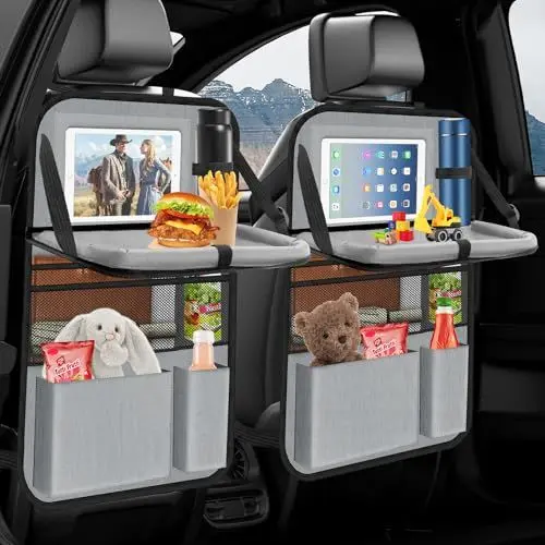 Produktbild: Oneyus Auto Organizer, 2 Stück Autositz Organizer Große Rückenlehnenschutz Auto Kinder Multifunktional Wasserdicht Rücksitz Organizer mit Klapptisch,Tablet Tasche und Viele Taschen-Grau Schwarz