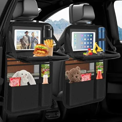 Produktbild: Oneyus Auto Organizer, 2 Stück Autositz Organizer Große Rückenlehnenschutz Auto Kinder Multifunktional Wasserdicht Rücksitz Organizer mit Klapptisch,Tablet Tasche und Viele Taschen-Schwarz