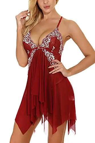 Produktbild: ONGASOFT Sexy Dessous Set FüR Damen Freches Unterwäsche Babydoll Mit Offenem Frontverschluss V-Ausschnitt Und G-String, Dunkelrot