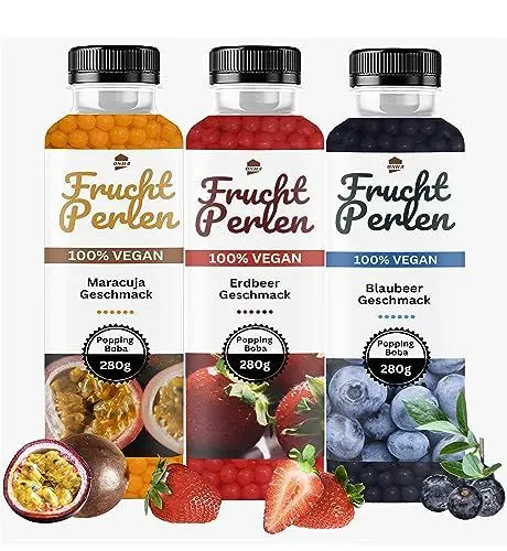 Produktbild: ONHA Bubble Tea Perlen Set - 3er Pack Bubble Tea Set mit Popping Boba Fruchtperlen - fruchtige Tapioka Perlen Bubble Tea servierfertig - 100% vegan und glutenfrei - Erdbeere, Maracuja, Blaubeere