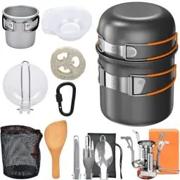 Produktbild: Onherm 15-teiliges Camping Geschirr Set, Faltbar Camping Kochgeschirr Set, Camping Töpfe Bratpfanne mit Edelstahl Besteck Trinkbecher Mini Campingkocher für Wandern Outdoor Kochen Picnick 1-2 Person