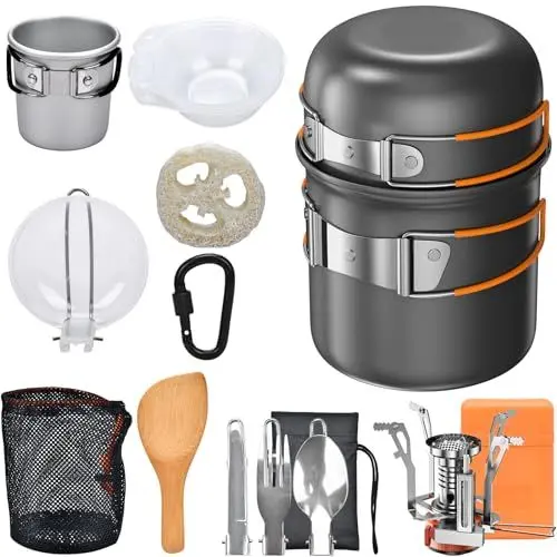 Produktbild: Onherm 15-teiliges Camping Geschirr Set, Faltbar Camping Kochgeschirr Set, Camping Töpfe Bratpfanne mit Edelstahl Besteck Trinkbecher Mini Campingkocher für Wandern Outdoor Kochen Picnick 1-2 Person