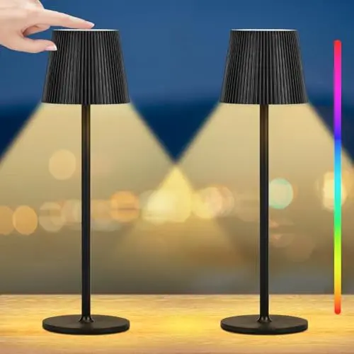 Produktbild: Onherm 2 Stück LED Tischlampe Kabellos mit RGB, 3 Farbtemperatur Akku Tischleuchte Aufladbar Dimmbar Touch Nachttischlampe, Warmweiß Lampes für Nachttisch Wohnzimmer Balkon Outdoor Esstisch, Schwarz