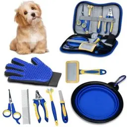 Produktbild: Onherm 8-teilig Tierpflegeset für Hund Katzen - Beinhaltet Fellhandschuh Bürste für Hund Katzen, Edelstahlkamm Tierfellschere, Krallenschere Krallenfeile, Zahnbürste Faltbare Schüssel für Hund