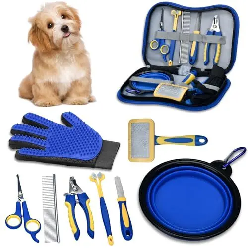Produktbild: Onherm 8-teilig Tierpflegeset für Hund Katzen - Beinhaltet Fellhandschuh Bürste für Hund Katzen, Edelstahlkamm Tierfellschere, Krallenschere Krallenfeile, Zahnbürste Faltbare Schüssel für Hund