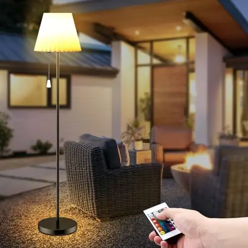 Produktbild: Onherm Solar Stehlampe Outdoor Lampe mit Lichtsensor, Warmweiß und 14 Farblicht Dimmbar LED Solarlampen, 5 Höhen Akku Stehleuchte Kabellos für Terrassen Garten Wohnzimmer Innen Außen, USB Aufladbar