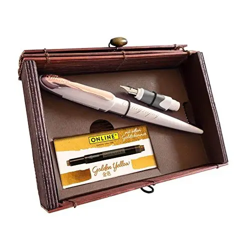 Produktbild: ONLINE 10059 Kalligrafie Set I Schönschreibfüller Air White Rose I Kalligrafie-Federn in 2 Strichstärken 0,8 / 1,4 mm I 5x Tintenpatronen Gold I Geschenkset für Kalligraphie Fans in Geschenkbox