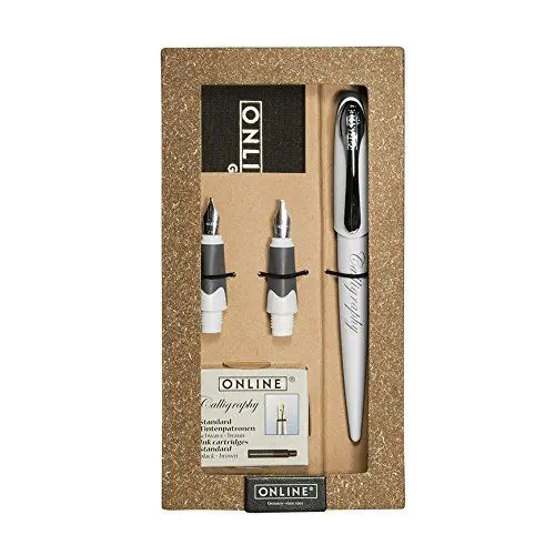 Produktbild: ONLINE Kalligrafie-Füllhalter Air Weiß mit Leinen-Etui und Tintenpatronen, Federstärke 1,4 mm und Griffstücke 0,8 mm und 1,8mm, in Geschenketui