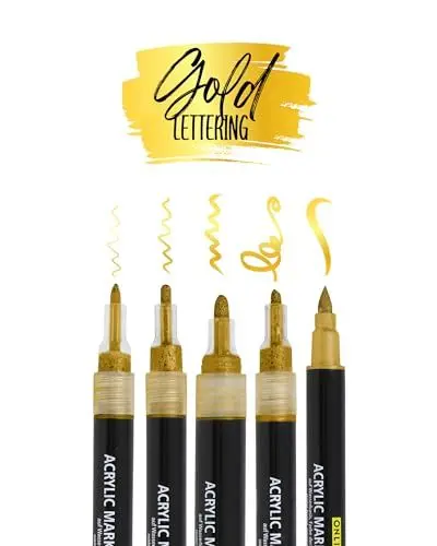 Produktbild: Online 5er-Set Acryl Stifte Gold I Stark deckendes Handlettering Set mit Brush Pen, Fineliner, Kalligrafie Stift & Markern I metallic Acryl Marker für DIY-Projekte I Papier, Glas, Holz, Stein, Stoff
