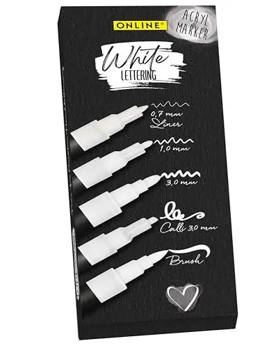 Produktbild: Online 5er-Set Handlettering-Stifte Weiß I Stark deckendes Handlettering Starter Set mit Brush Pen, Fineliner, Kalligrafie Stift & Markern I weiße Acryl Marker Stifte für Bullet Journal, DIY-Projekte
