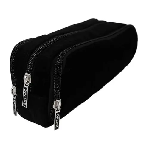 Produktbild: Online Etui Federmappe Triple I Großes, schwarzes Cord Federmäppchen mit 3 Fächern – ideal für Schule, Uni & Büro I Federtasche mit 8 Stiftschlaufen, 2 Netz-Fächern, Innenfach & großem Mittelfach