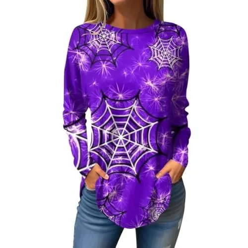 Produktbild: Online Shop Halloween-Sweatshirts für Frauen 2024 süßes Kürbisgesicht Fledermaus Grafik Rundhals Langarmshirt Top Fischernetz Kostüm (Khaki, XXXL)