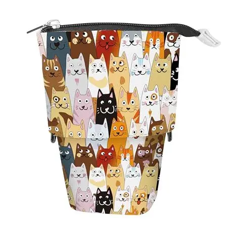 Produktbild: Online X-Pand 2-in-1 Federmäppchen & Stifteköcher I Wandelbare Federmappe mit Katzen-Motiv & 3 Innenfächern für Schreibutensilien, Schminke, Pinsel etc. I Pop Up Pencil Case für Schule, Uni & Büro