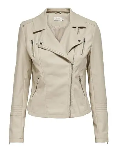 Produktbild: ONLY Damen Biker Kunstleder Jacke | Langarm Shacket Übergangs Blazer | PU Coated Shirt ONLGEMMA, Farben:Beige, Größe:42