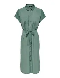 Produktbild: ONLY Damen Blusenkleid mit Bindegürtel | Lockeres Midi Kurzarm Tunika Dress | Knopfleiste ONLHANNOVER, Farben:Grün, Größe:40