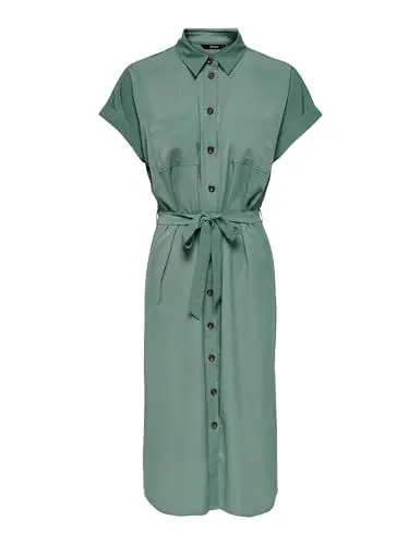 Produktbild: ONLY Damen Blusenkleid mit Bindegürtel | Lockeres Midi Kurzarm Tunika Dress | Knopfleiste ONLHANNOVER, Farben:Grün, Größe:40