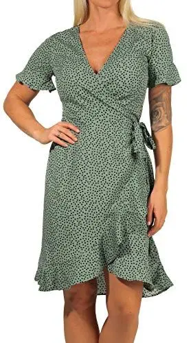 Produktbild: ONLY Damen Blusen Wickelkleid | Lockeres Midi Kurzarm Tunika Dress | Knielang mit Bindegürtel ONLOLIVIA, Farben:Grün-2, Größe:34
