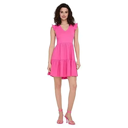 Produktbild: ONLY Damen Kurzes Rüschen Kleid Kurzarm Mini Dress mit V-Ausschnitt aus Baumwolle ONLMAY, Farben:Pink, Größe:M